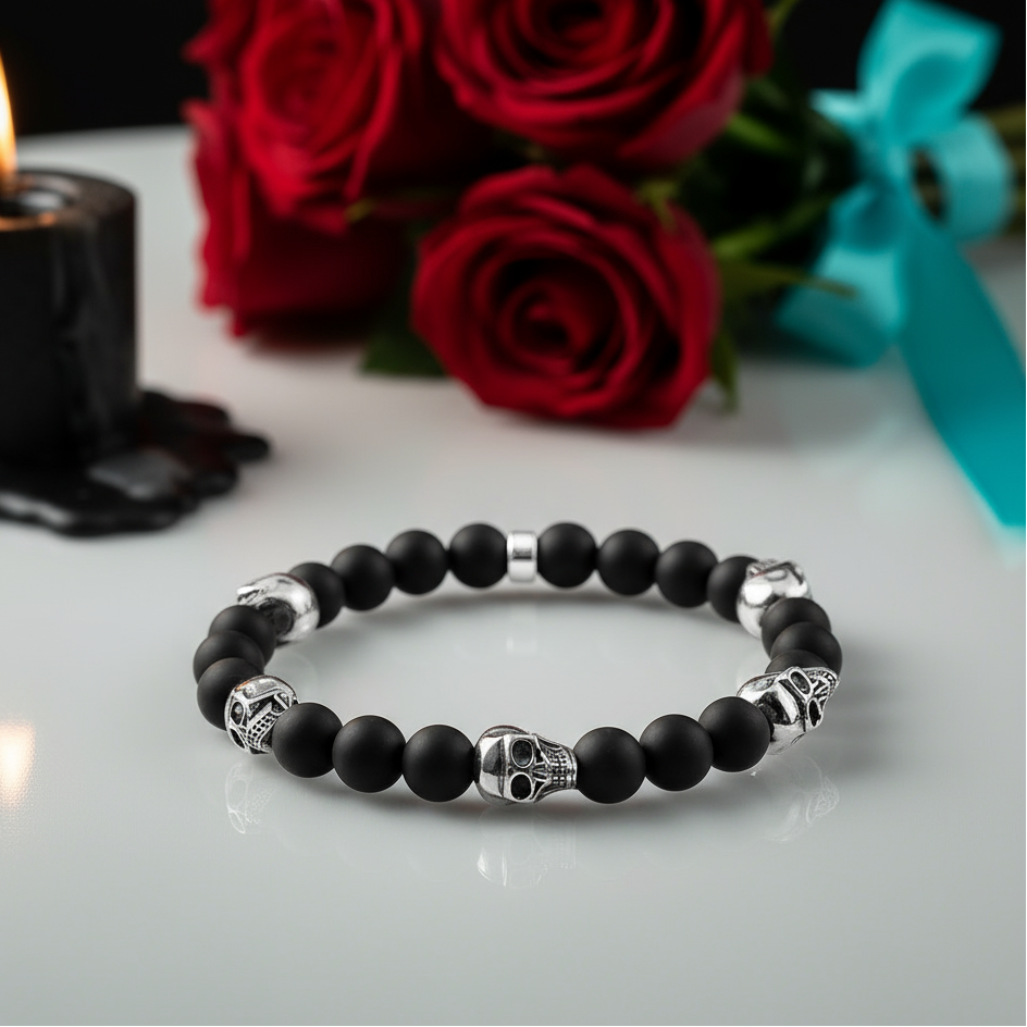 Miniature Skulls and Black Beads Punk Bracelet-Evani Naomi Jewelry