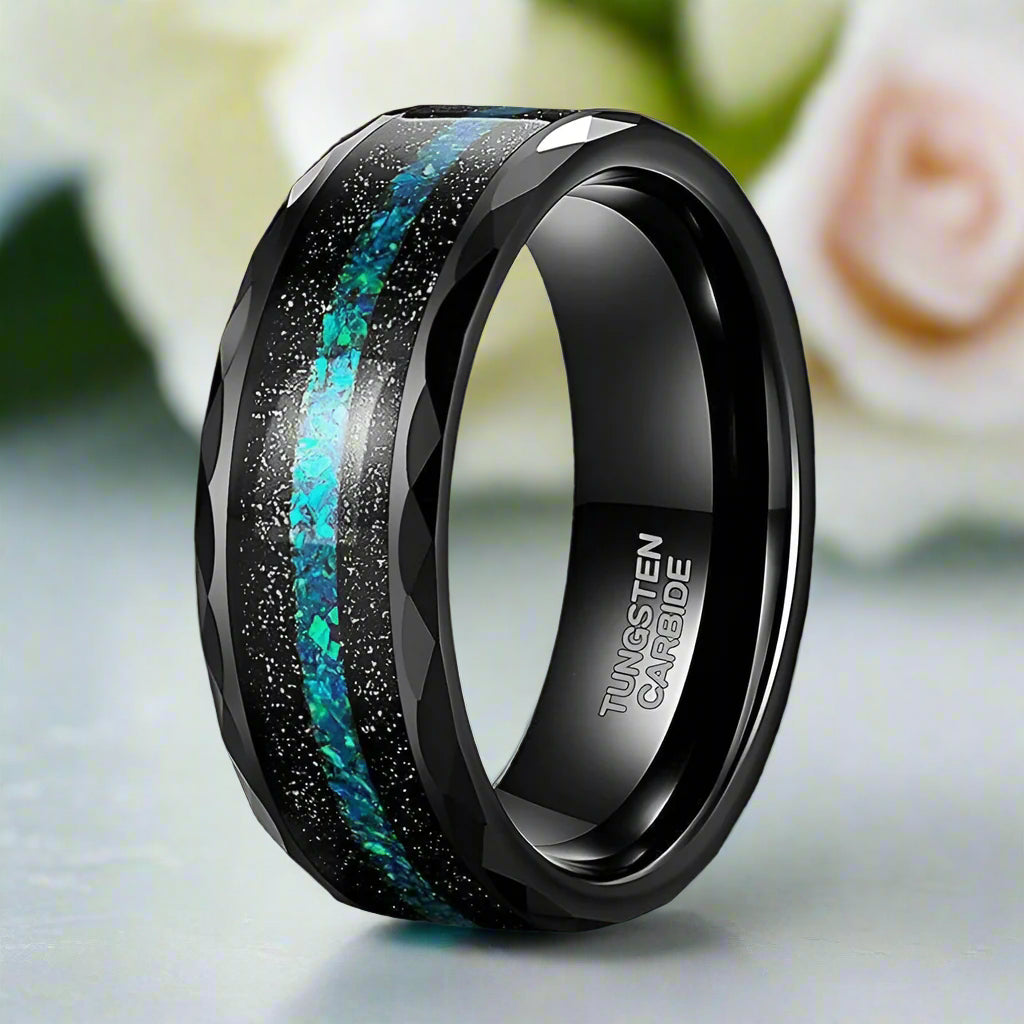 Multi-Faceted Edge Tungsten Wedding Band with Sand & Blue Green Opal Inlay-Evani Naomi Jewelry