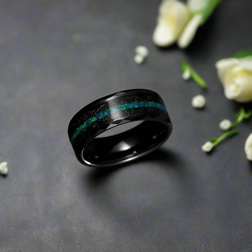 Multi-Faceted Edge Tungsten Wedding Band with Sand & Blue Green Opal Inlay-Evani Naomi Jewelry