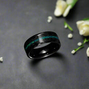 Multi-Faceted Edge Tungsten Wedding Band with Sand & Blue Green Opal Inlay-Evani Naomi Jewelry