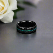 Multi-Faceted Edge Tungsten Wedding Band with Sand & Blue Green Opal Inlay-Evani Naomi Jewelry
