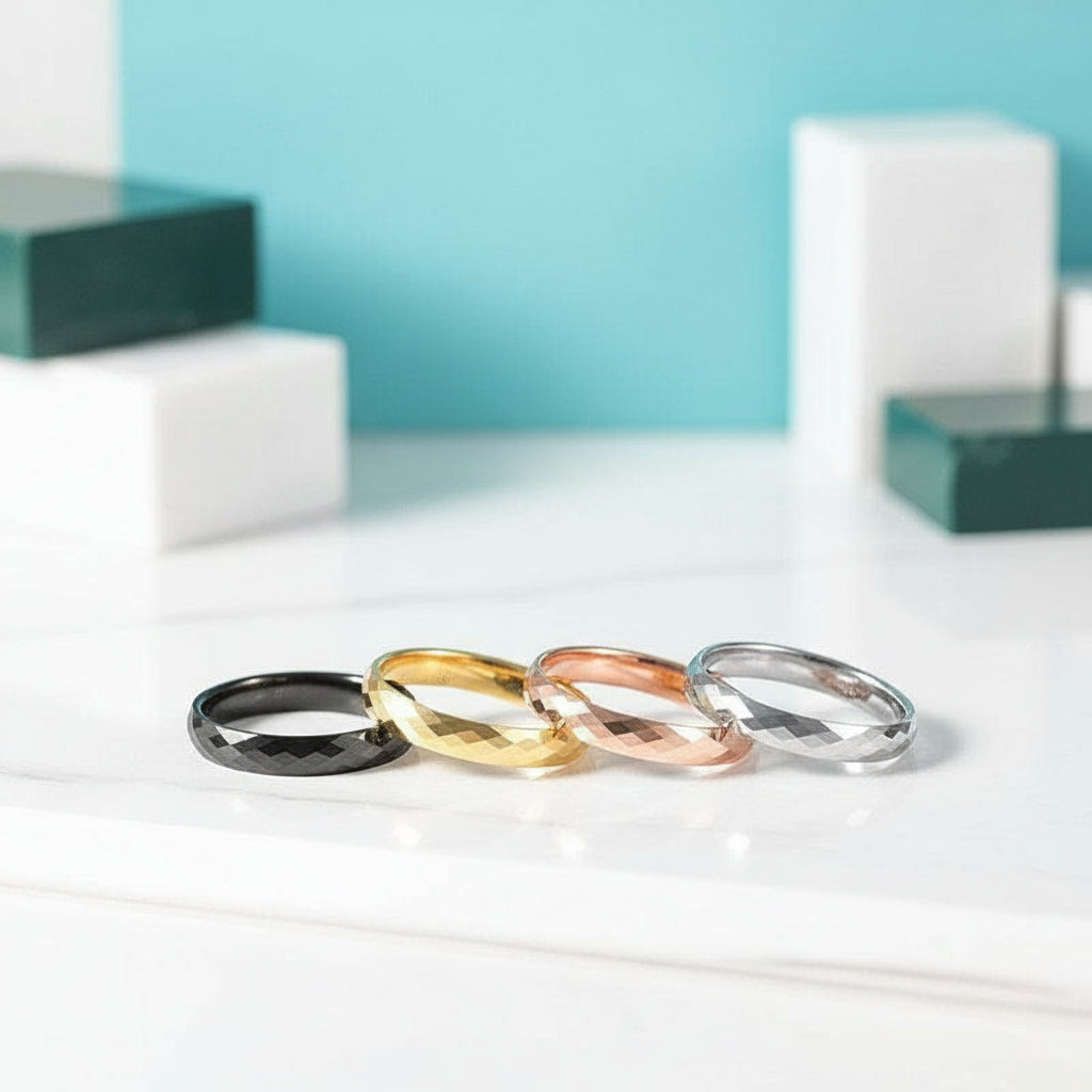 Multi Faceted Tungsten Wedding Band-Evani Jewelry
