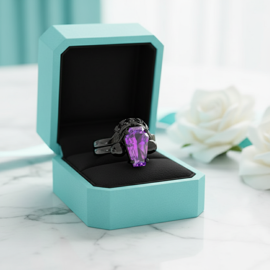 My Ever After Gothic Amethyst Promise Rings in 14k Gold Coffin Cut-Evani Jewelry