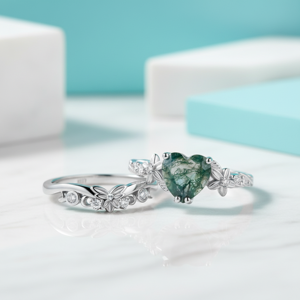 My Heart- Natural Moss Agate Wedding Ring-Evani Jewelry