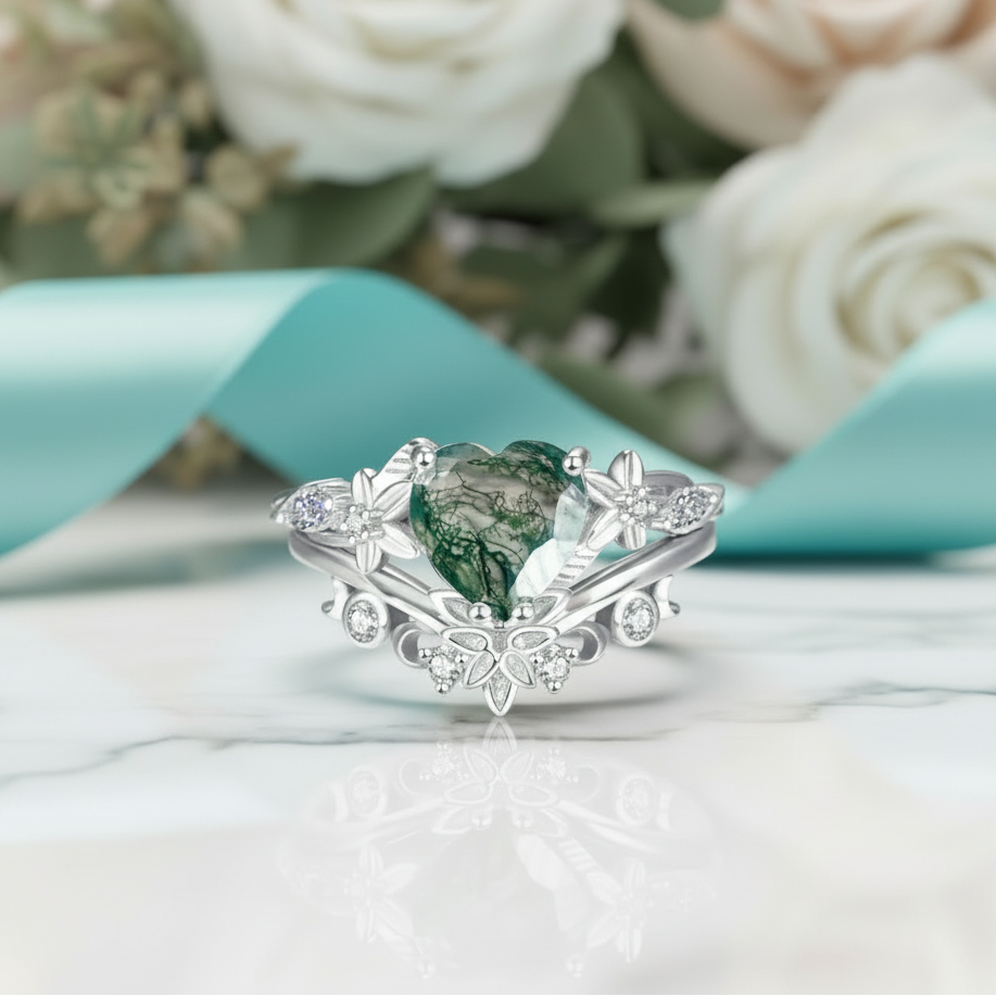 My Heart- Natural Moss Agate Wedding Ring-Evani Jewelry
