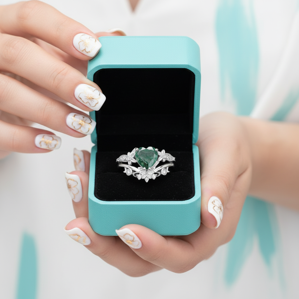 My Heart- Natural Moss Agate Wedding Ring - Evani Naomi Jewelry