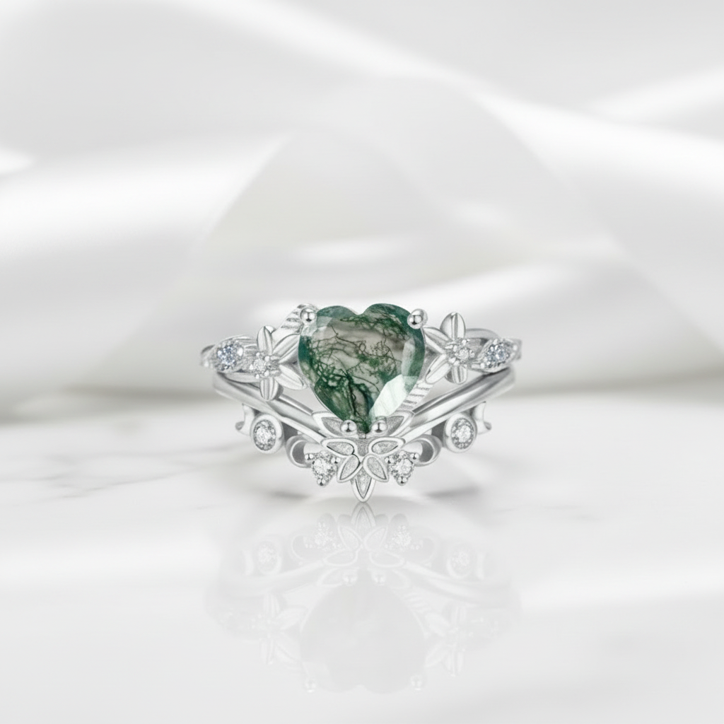 My Heart- Natural Moss Agate Wedding Ring