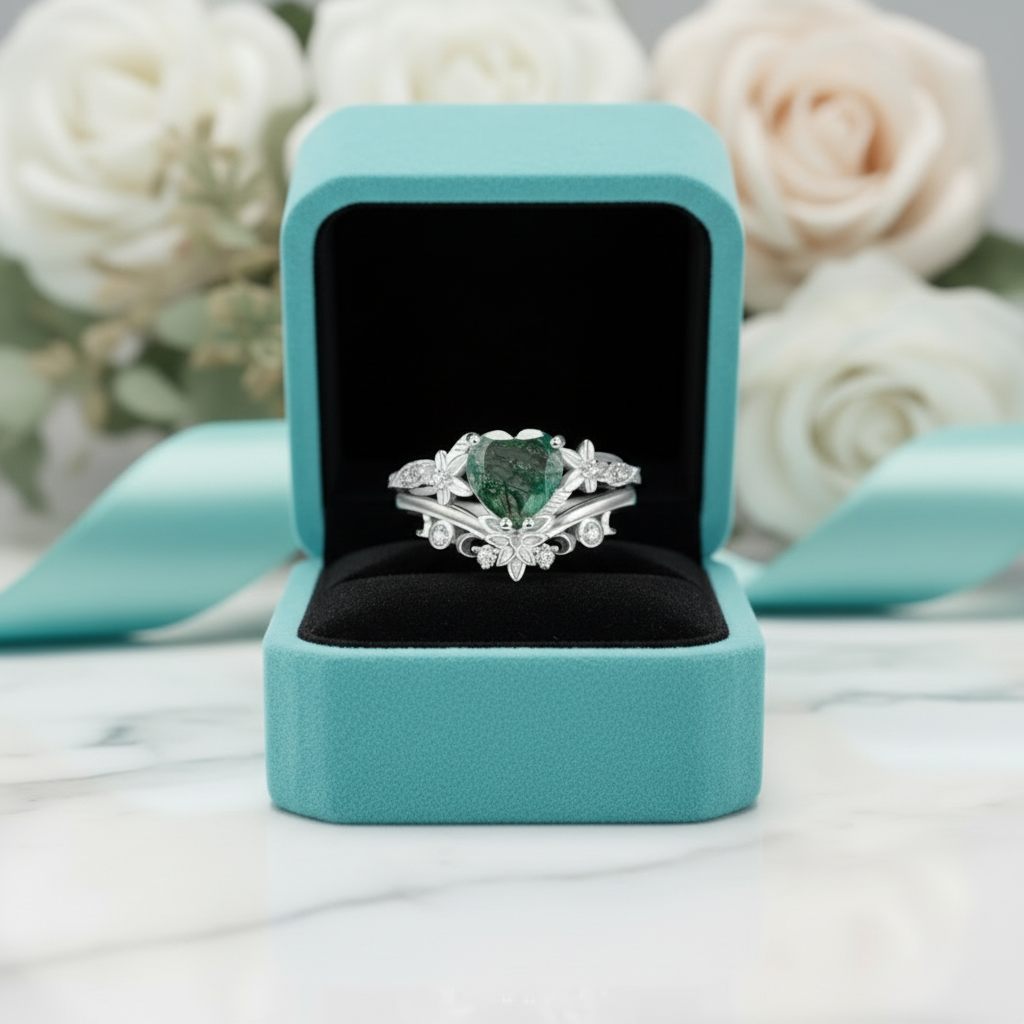 My Heart- Natural Moss Agate Wedding Ring - Evani Naomi Jewelry