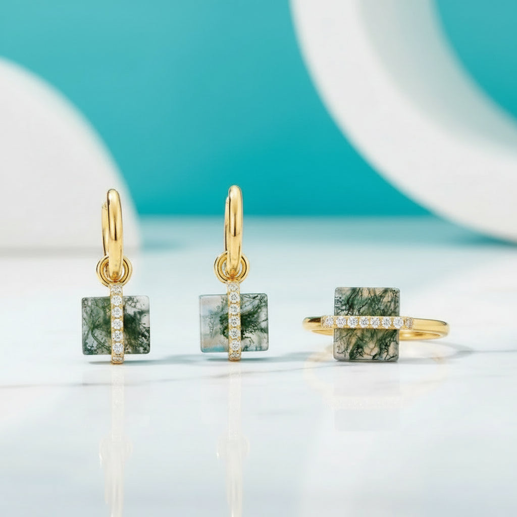 My Sanctuary- Unique Natural Moss Agate Gold Ring and Earrings-Evani Jewelry