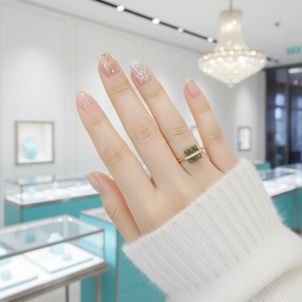 My Sanctuary- Unique Natural Moss Agate Gold Ring and Earrings-Evani Jewelry