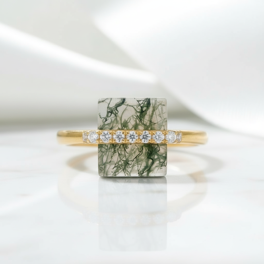 My Sanctuary- Unique Natural Moss Agate Gold Ring and Earrings - Evani Naomi Jewelry
