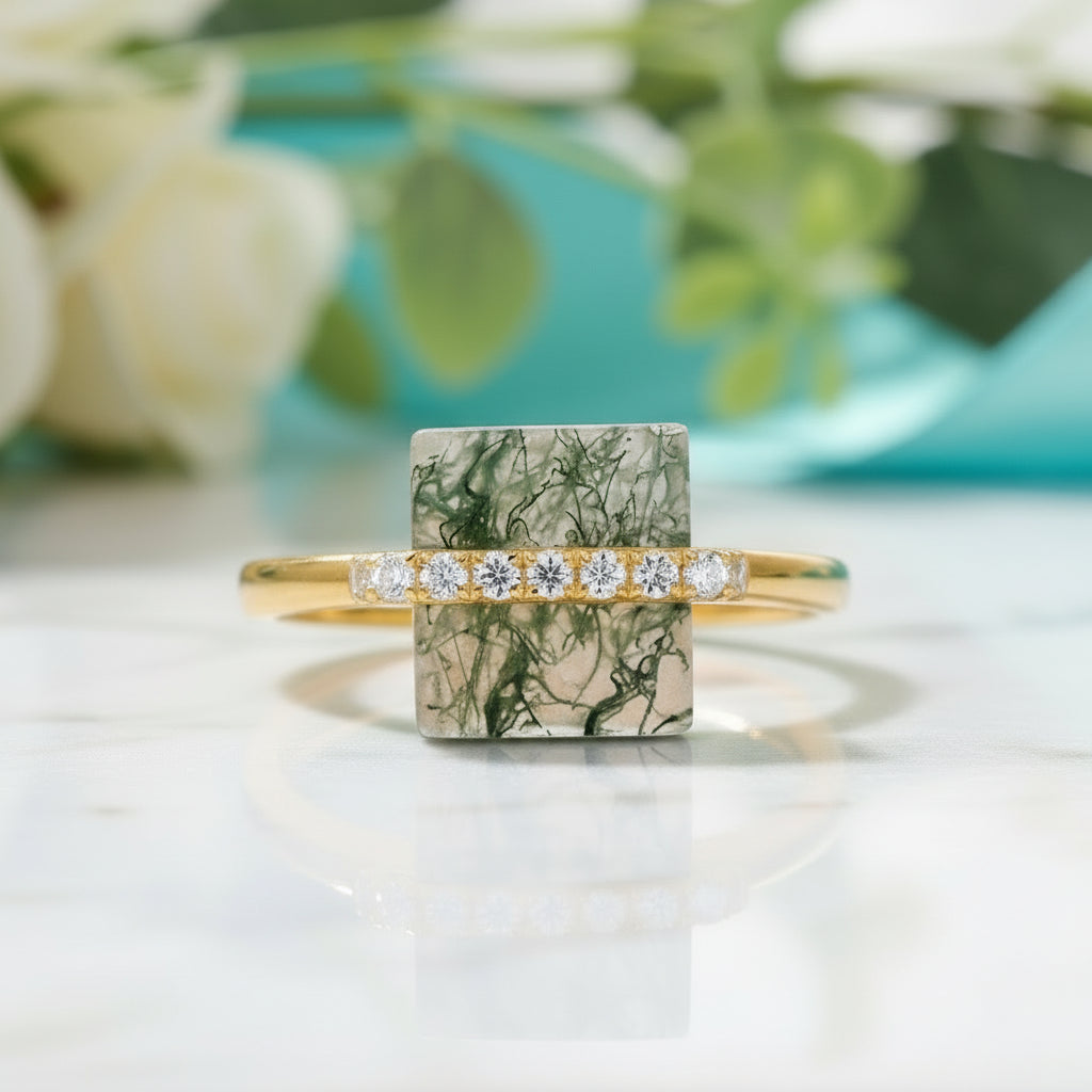 My Sanctuary- Unique Natural Moss Agate Gold Ring and Earrings
