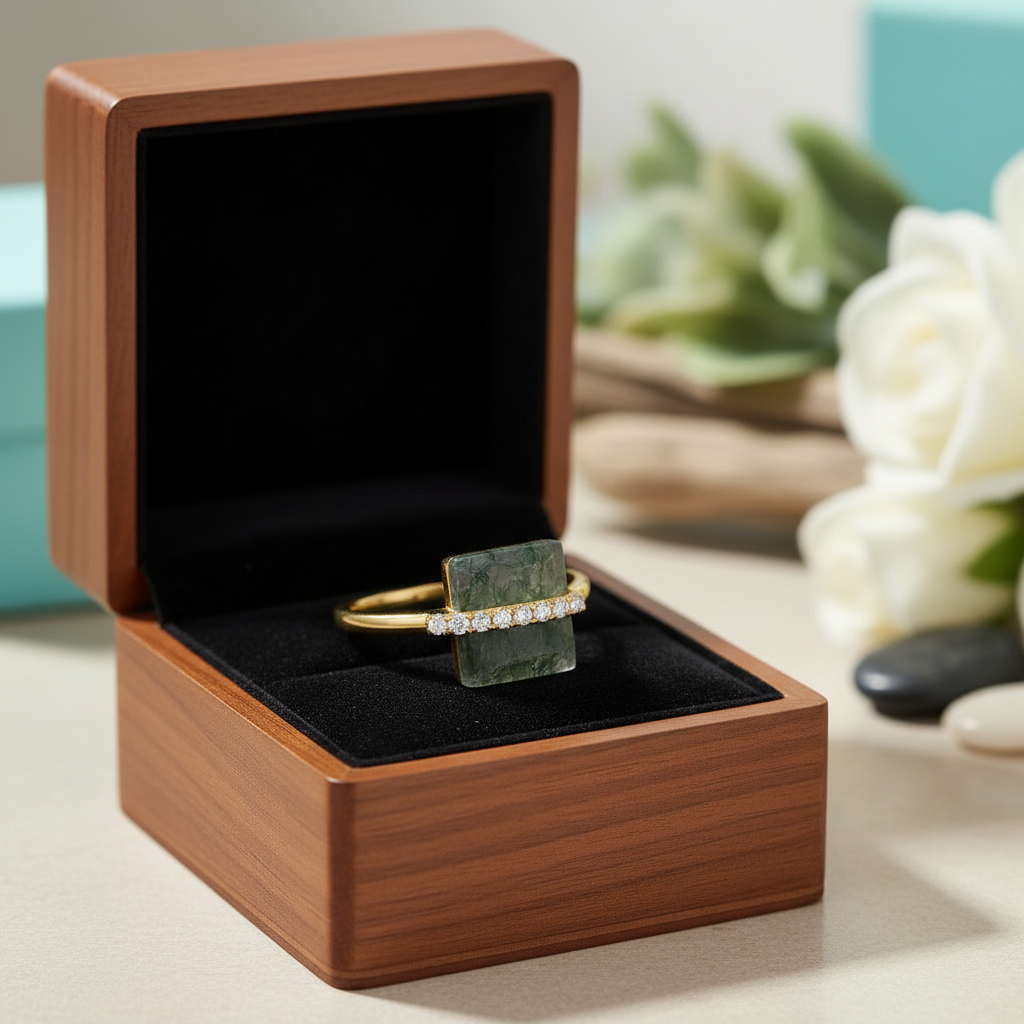 My Sanctuary- Unique Natural Moss Agate Gold Ring and Earrings - Evani Naomi Jewelry