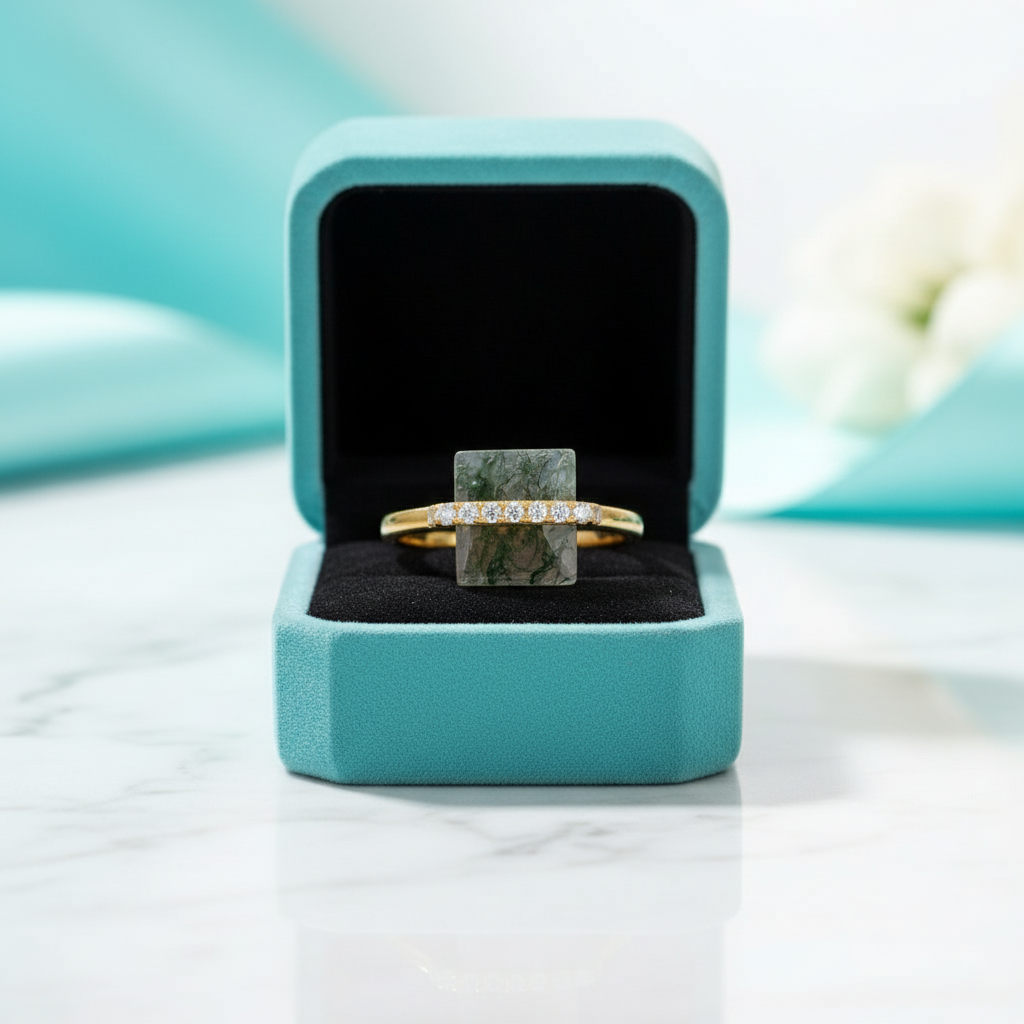 My Sanctuary- Unique Natural Moss Agate Gold Ring and Earrings