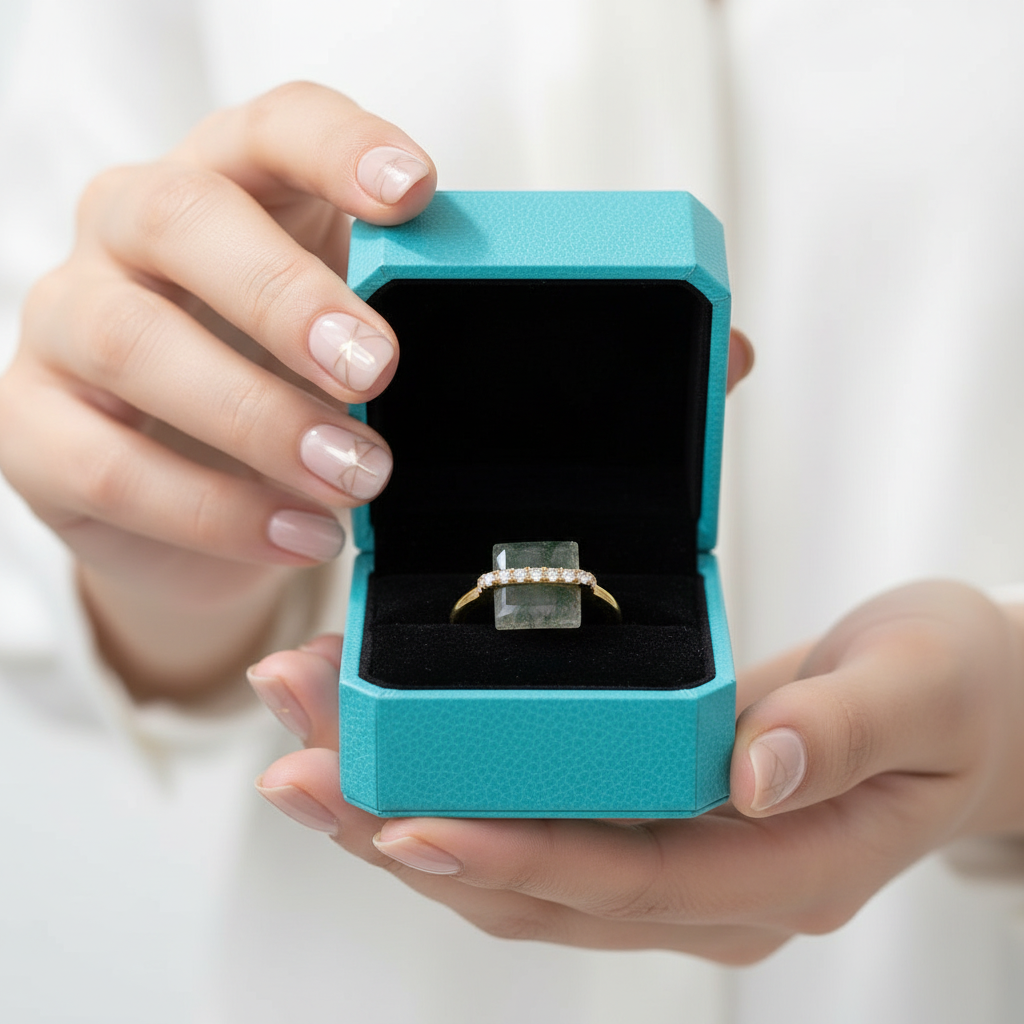 My Sanctuary- Unique Natural Moss Agate Gold Ring and Earrings