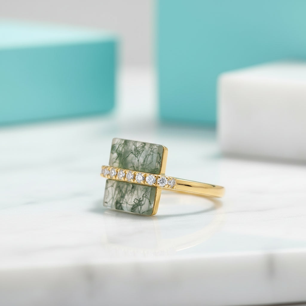 My Sanctuary- Unique Natural Moss Agate Gold Ring and Earrings-Evani Jewelry