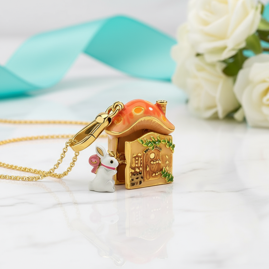Mystical Mushroom House and Adorable Rabbit Necklace-Evani Jewelry