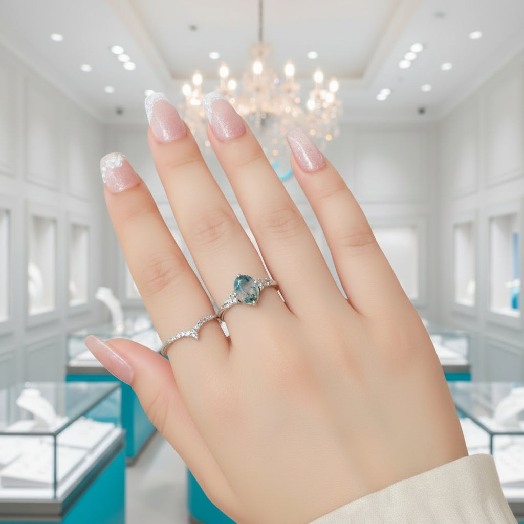 Woven Love- Kite Cut Natural Unique Moss Agate Ring in White Gold-Evani Jewelry