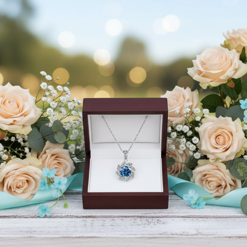 Necklace in a box with flowers on a wooden surface