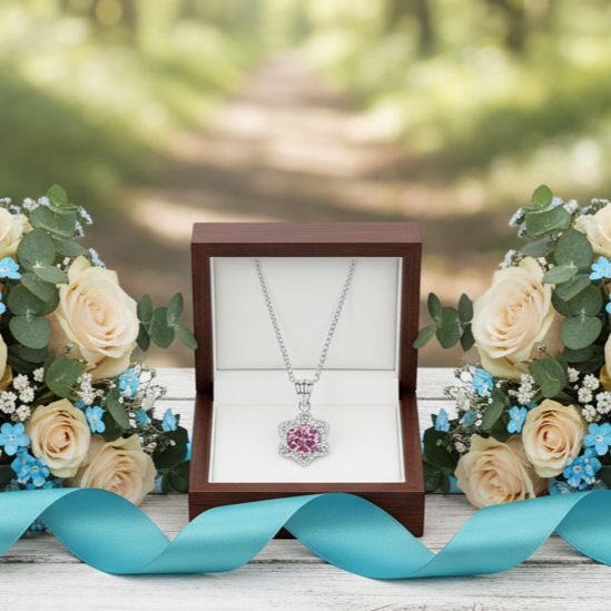 Necklace in a box with two flower bouquets on a wooden surface in a forest setting