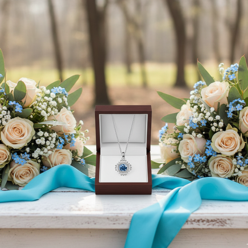 Necklace in a box with two flower bouquets on a wooden surface outdoors.