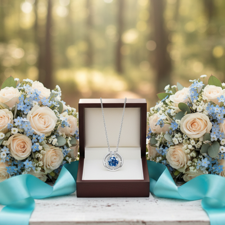 Necklace in a wooden box with two flower bouquets on a wooden surface in a forest setting