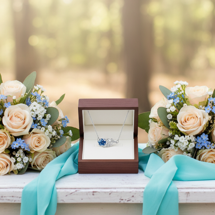 Necklace in a wooden box with two flower bouquets on a wooden surface outdoors.