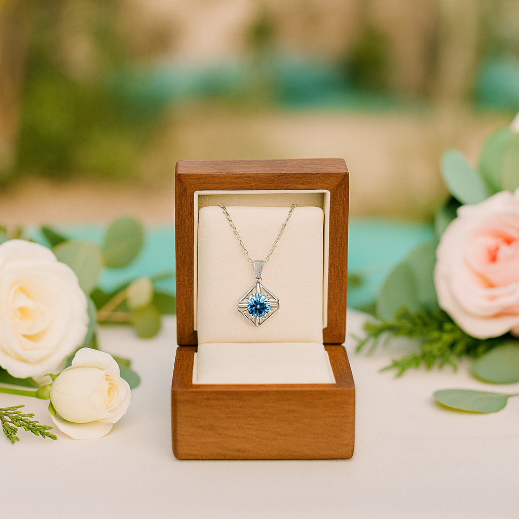 Necklace with a blue gemstone in a wooden box surrounded by flowers