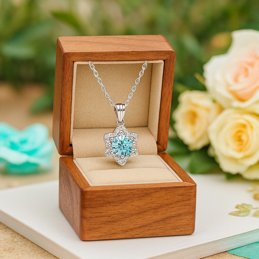 Necklace with a blue gemstone pendant in a wooden box with flowers in the background