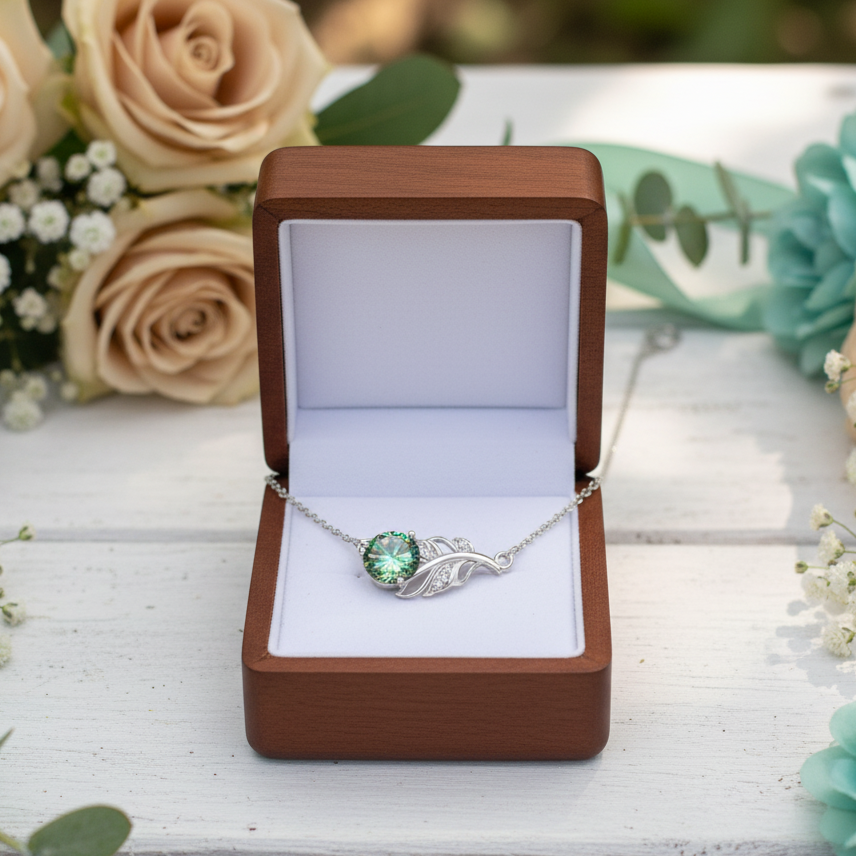 Necklace with a green gemstone in a wooden box surrounded by flowers on a white surface