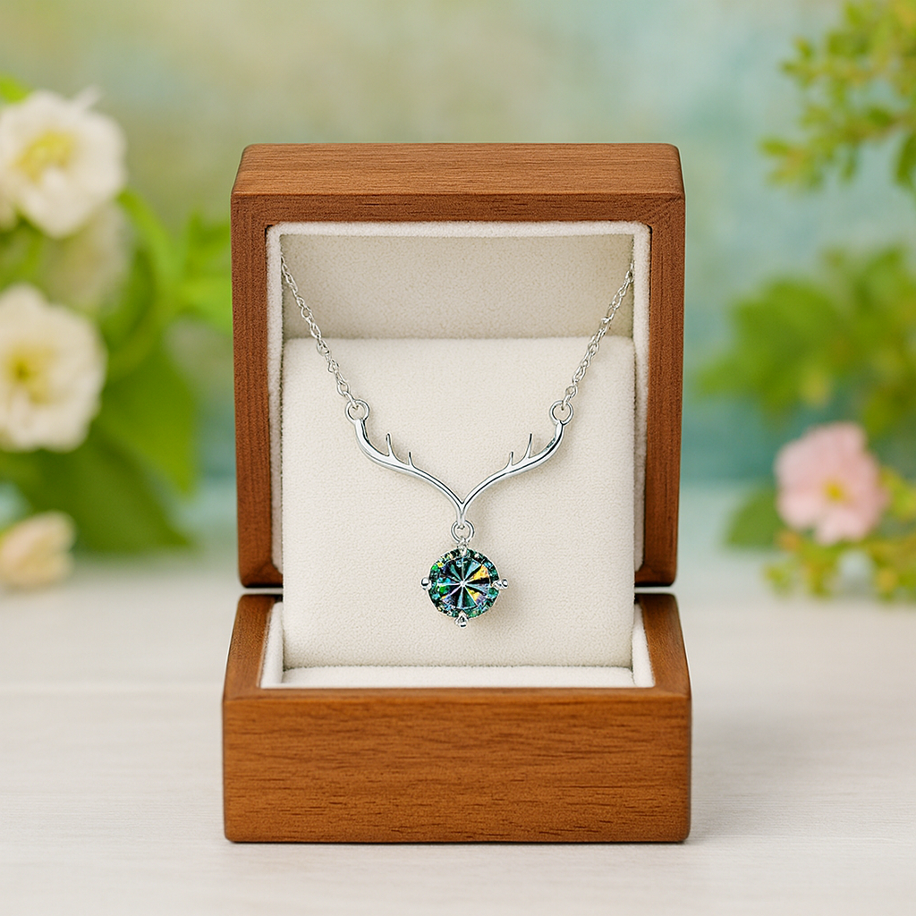 Necklace with a green gemstone in a wooden box with a floral background