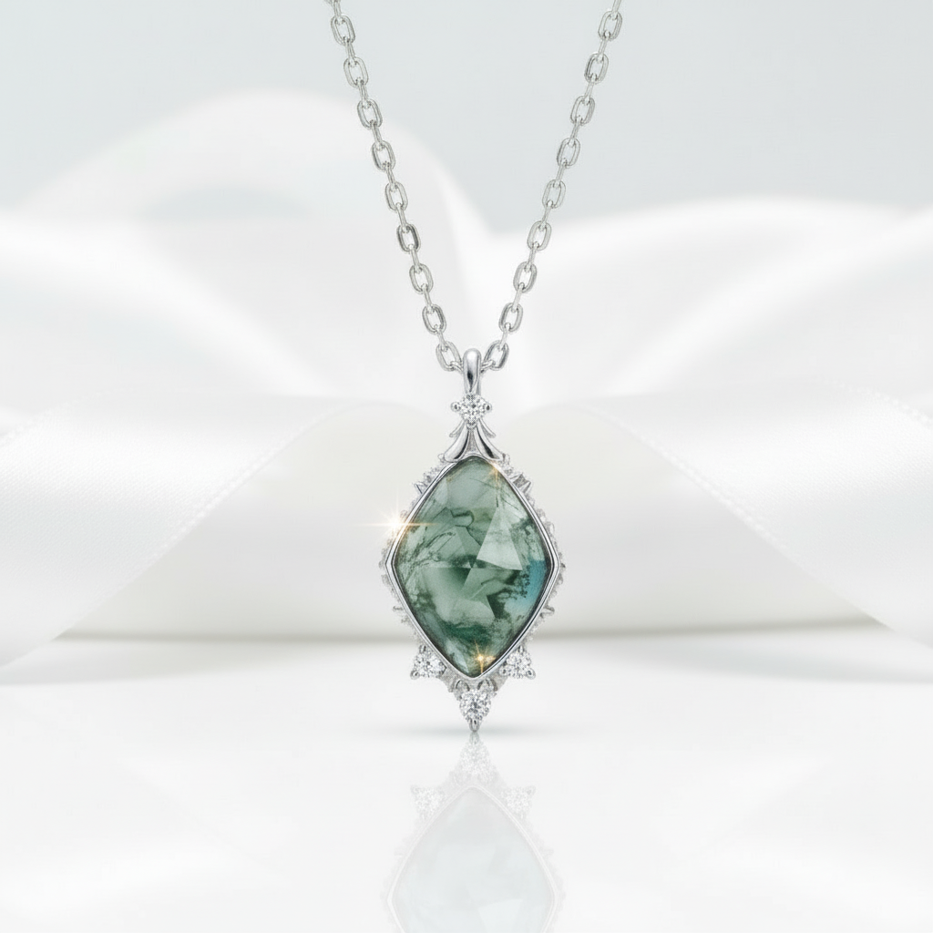 Where Sunlight Dapples and Hearts Meet- Unique Natural Moss Agate Pendant Necklace