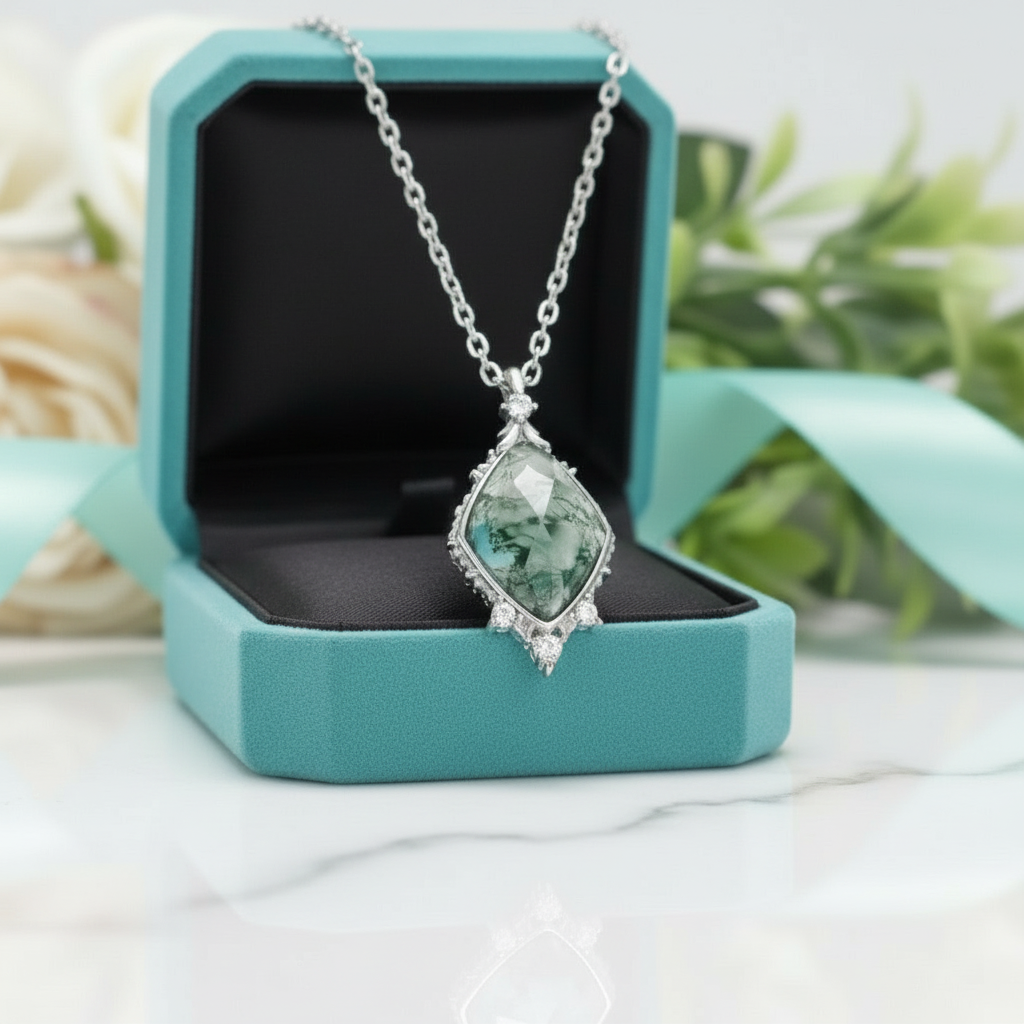 Where Sunlight Dapples and Hearts Meet- Unique Natural Moss Agate Pendant Necklace - Evani Naomi Jewelry