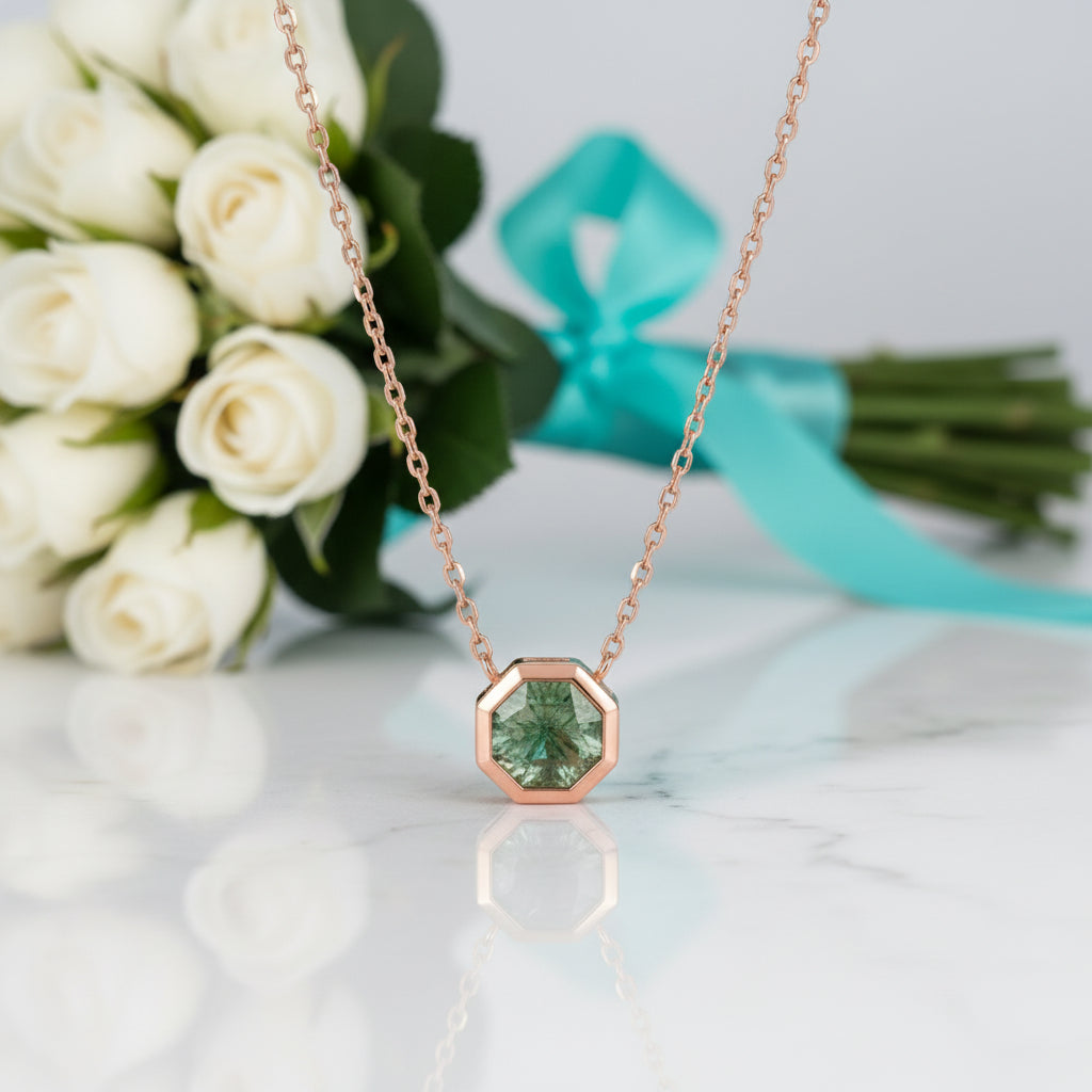 Enchanted Pendant's Tale- Hexagon Cut Natural Moss Agate Solitaire Pendant Necklace-Evani Jewelry