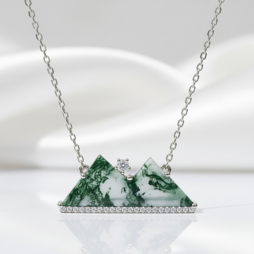Mountain's Promise- Natural Moss Agate Mountain Shape Necklace