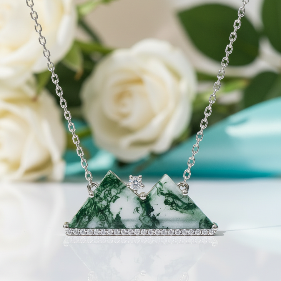 Mountain's Promise- Natural Moss Agate Mountain Shape Necklace
