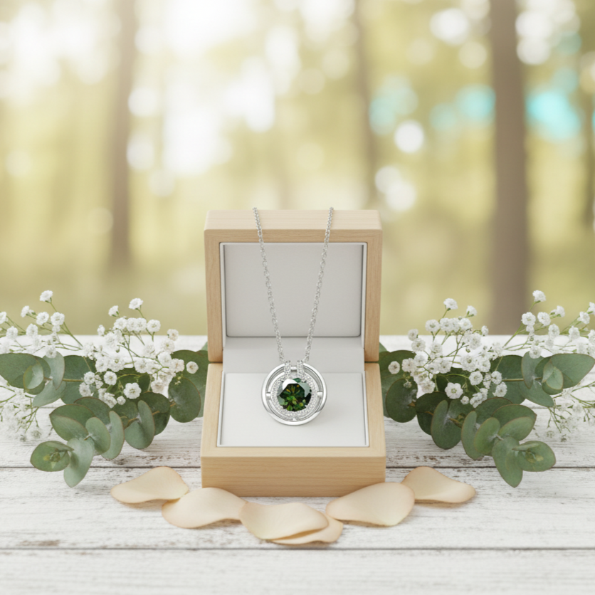 Necklace with a green pendant in a wooden box on a wooden surface with flowers and blurred forest background
