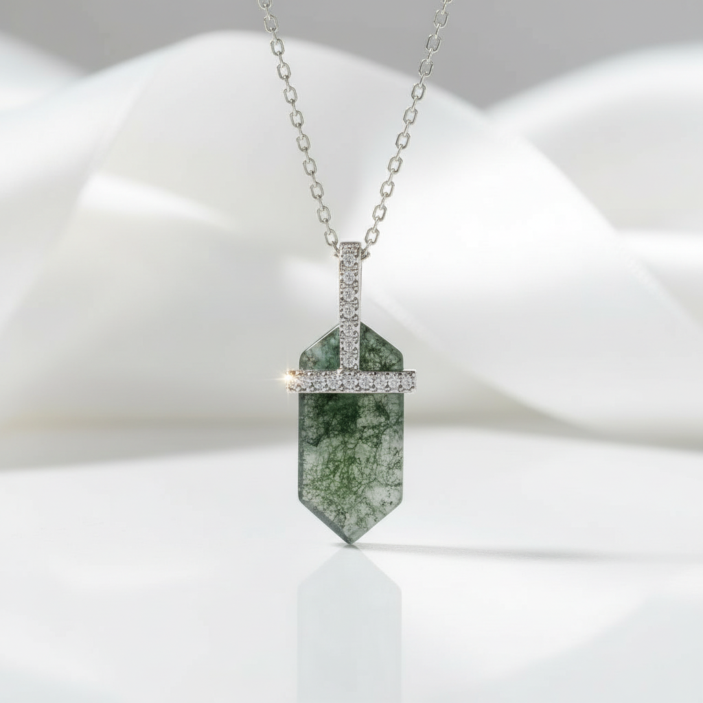 Intertwined Fates- Bullet Shaped Pendant Moss Agate Necklace