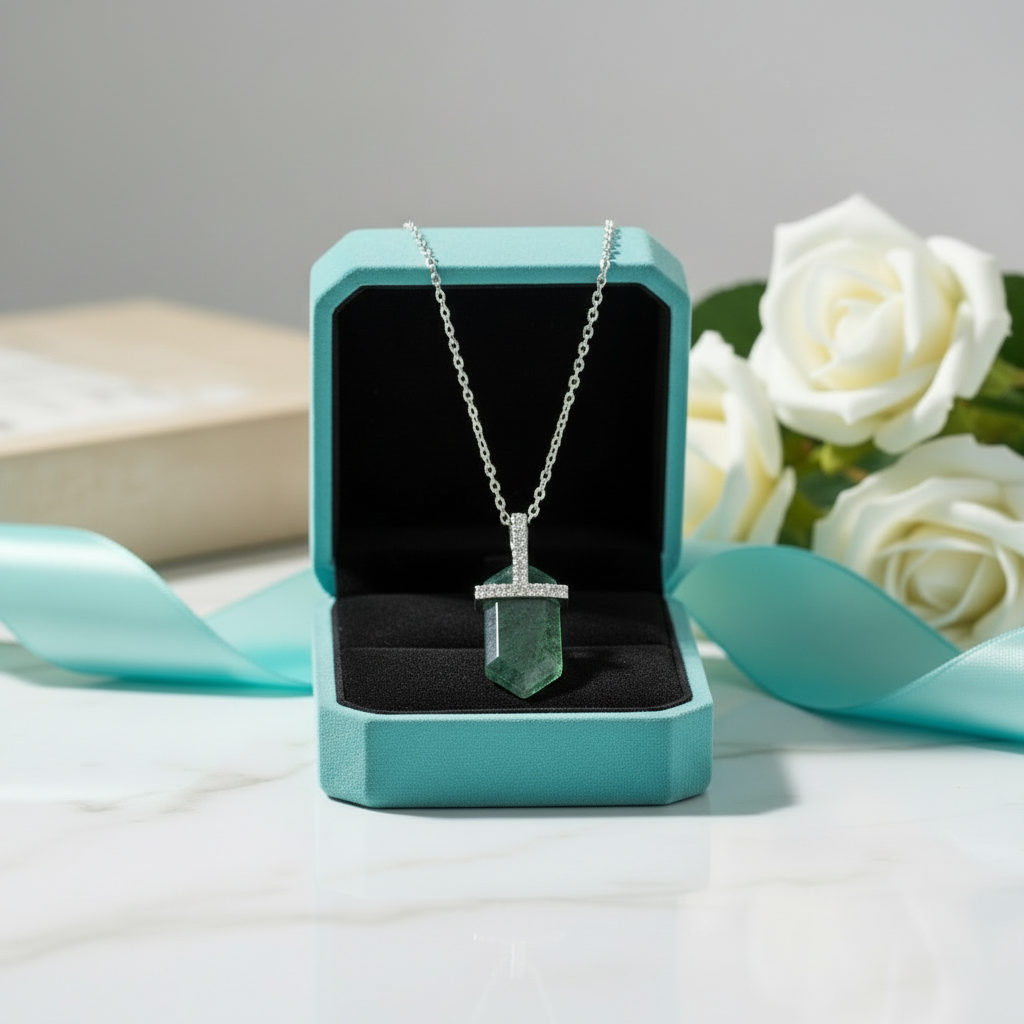 Intertwined Fates- Bullet Shaped Pendant Moss Agate Necklace - Evani Naomi Jewelry