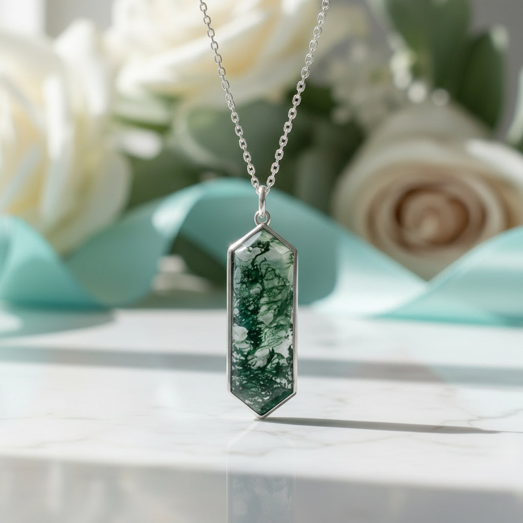 Unbroken Trail- Geometry Cut Moss Agate Necklace-Evani Jewelry