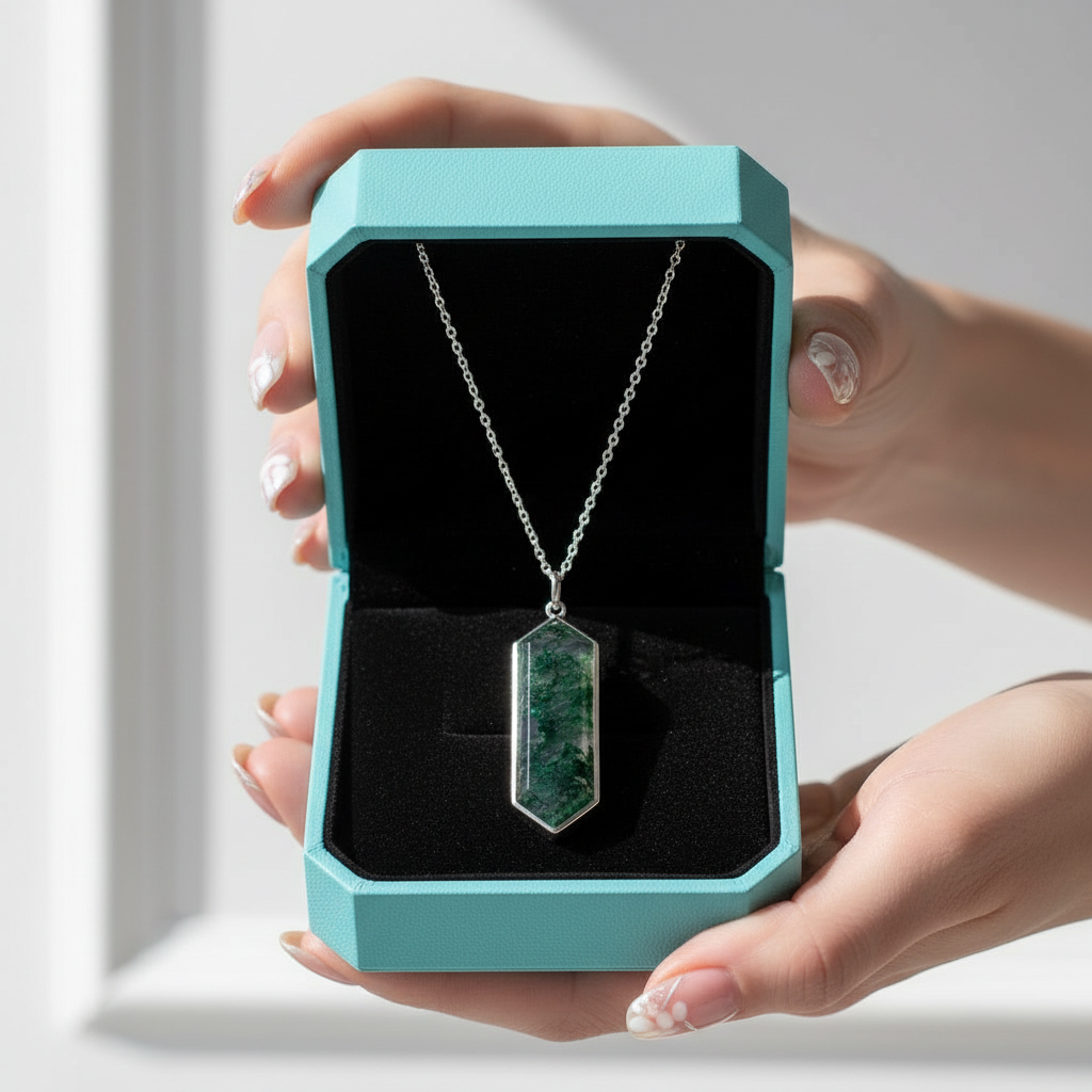 Unbroken Trail- Geometry Cut Moss Agate Necklace