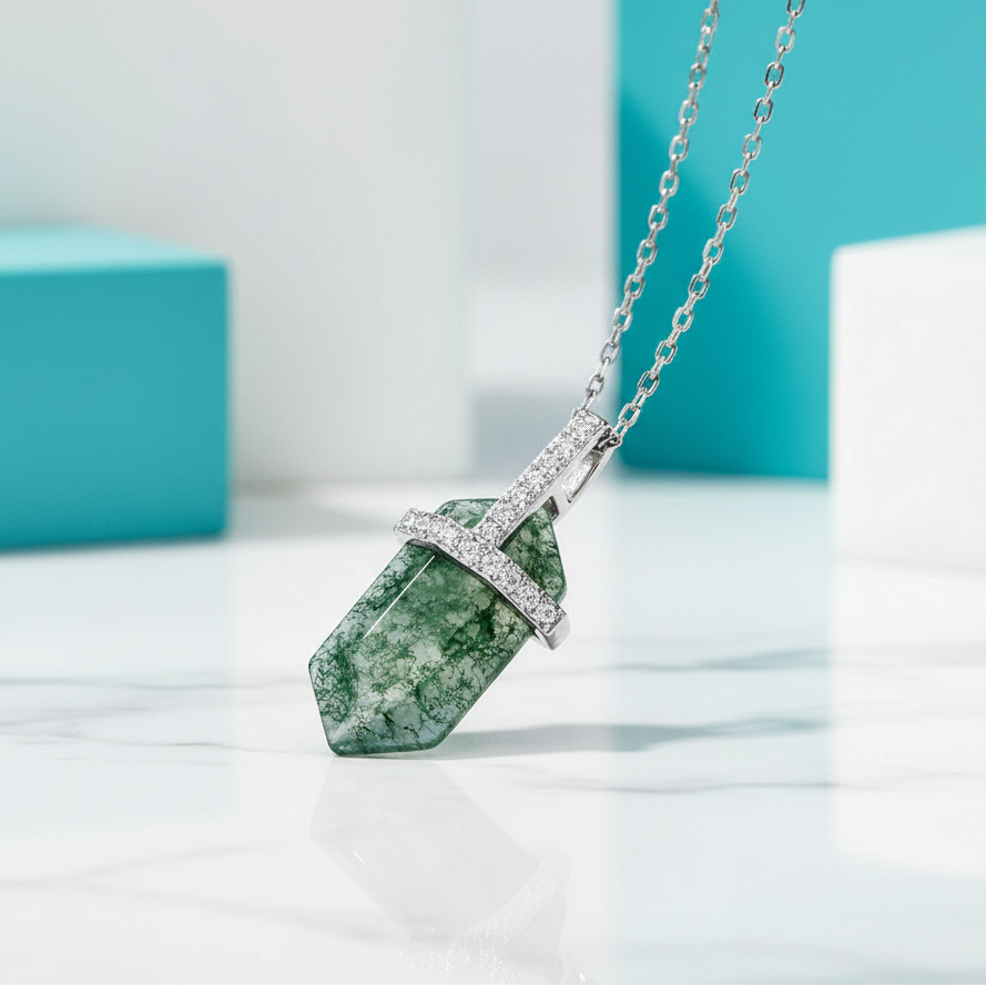 Intertwined Fates- Bullet Shaped Pendant Moss Agate Necklace-Evani Jewelry