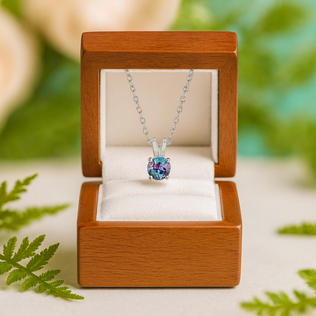 Necklace with a multicolored pendant in a wooden box on a natural background