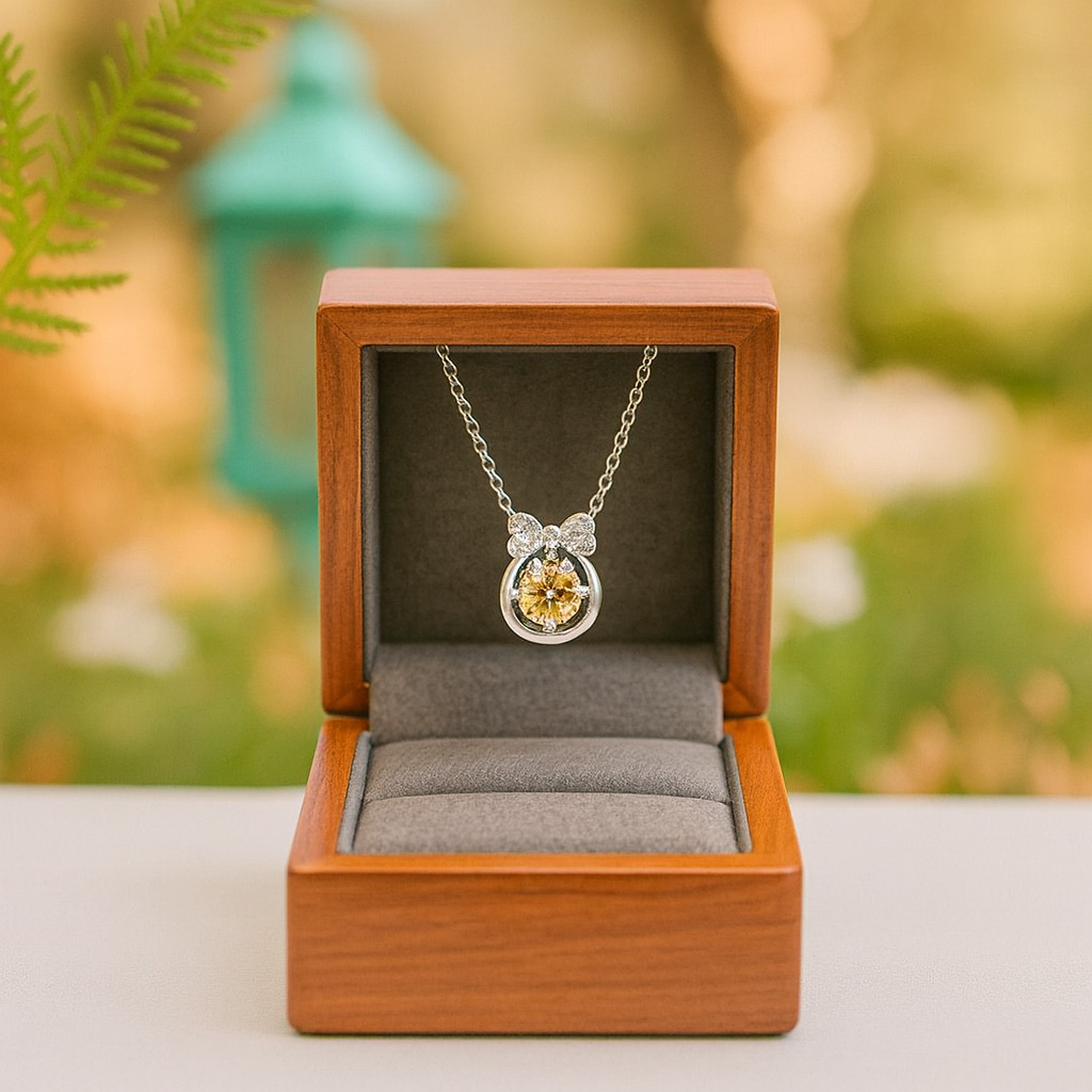 Necklace with a pendant in an open wooden jewelry box against a blurred natural background