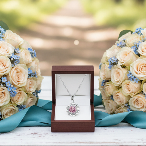Necklace with a pink heart pendant in a wooden box, surrounded by flowers outdoors.