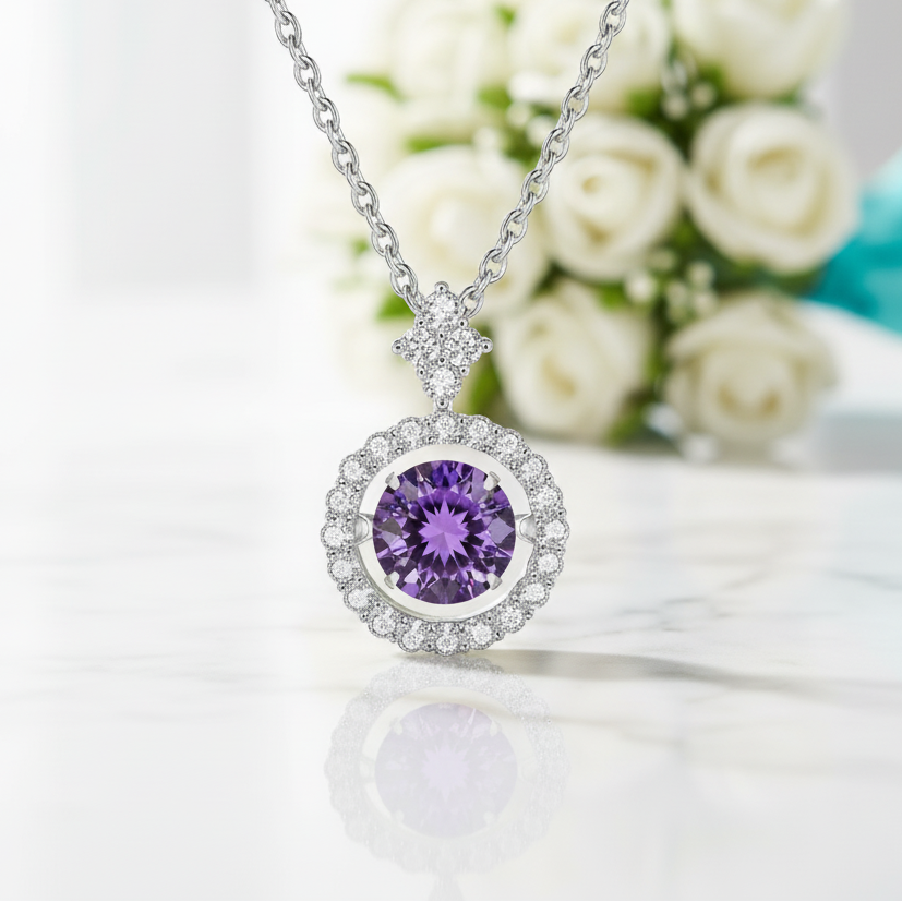 Necklace with a purple gemstone pendant on a white background