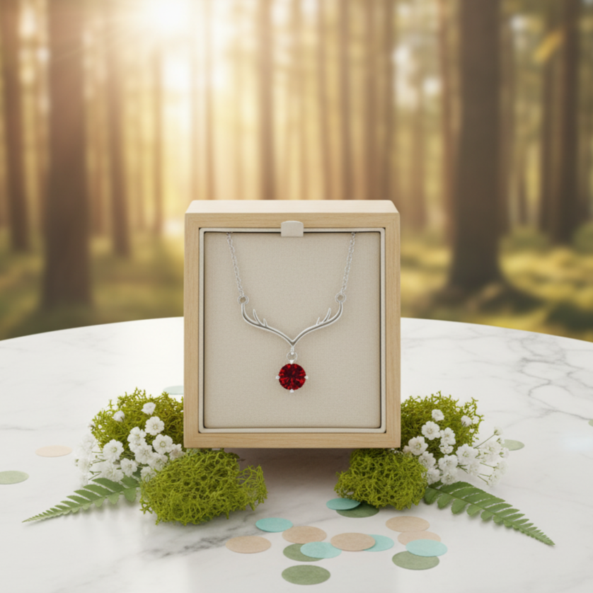 Necklace with a red gemstone in a wooden box against a forest background