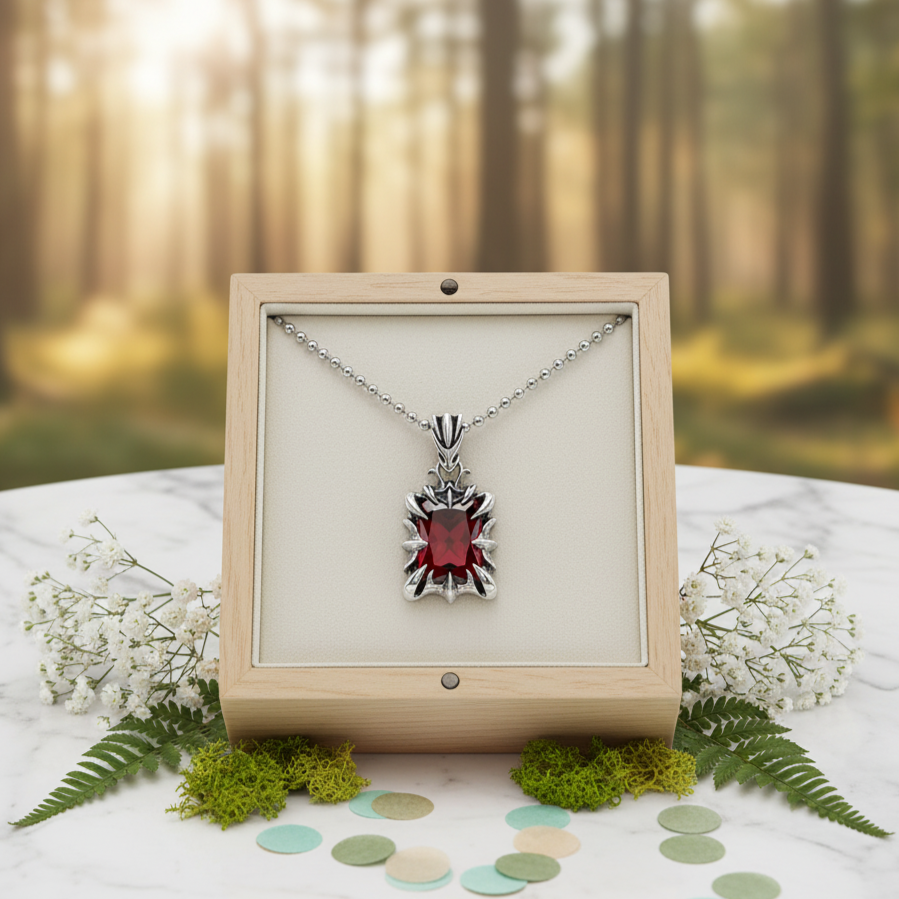 Necklace with a red gemstone in a wooden box against a forest background