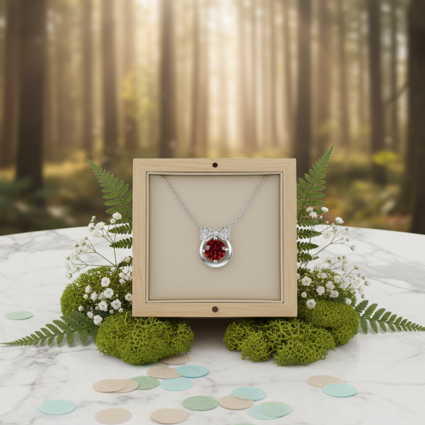 Necklace with a red gemstone in a wooden box on a table with a forest background