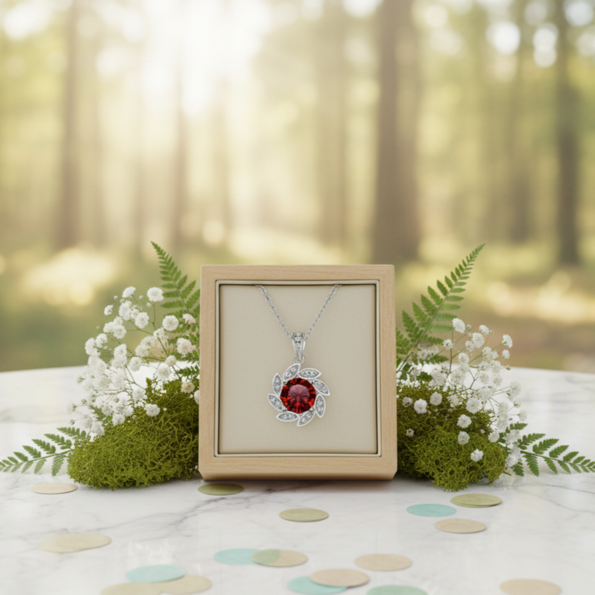 Necklace with a red gemstone in a wooden frame on a table with a forest background